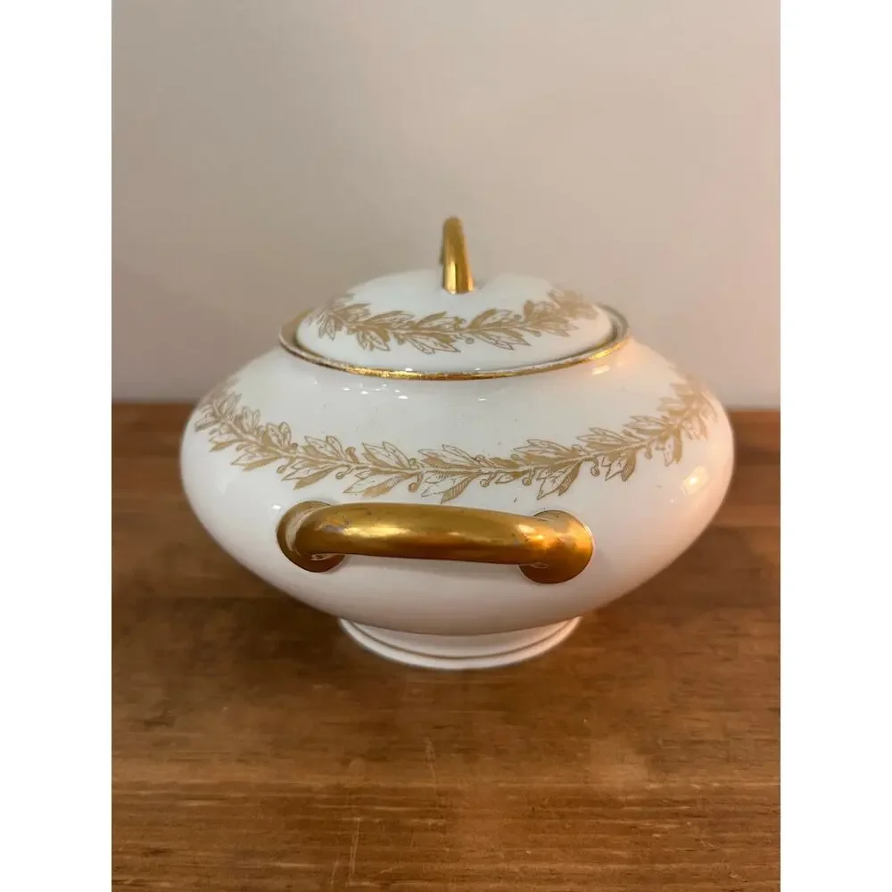 Vtg Limoges France G.D.&Cie Avenir Sugar Bowl French Country Gold Trim Porcelain